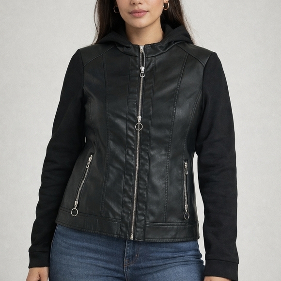 Baccini Jackets & Blazers - Baccini Black Leather Hooded Jacket